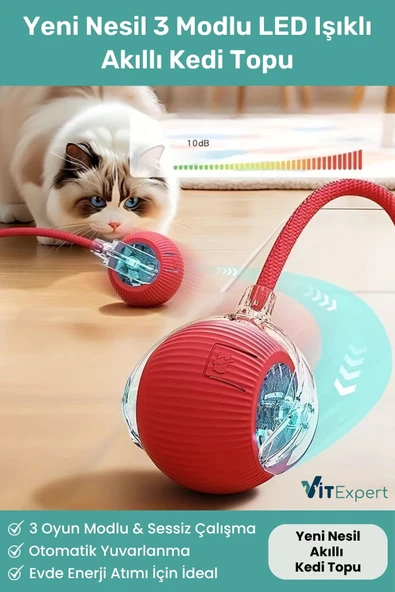 Vitexpert Yeni Nesil Şarjlı 3 Modlu LED Işıklı Akıllı İnteraktif Otomatik Yuvarlanan Hareketli Kedi Oyuncağı