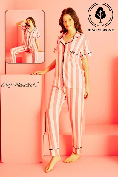 AYMELEK Kadın Pijama Takımı Ring Viscone Bambu Doku Gömlek ve Pijama Seti - 5