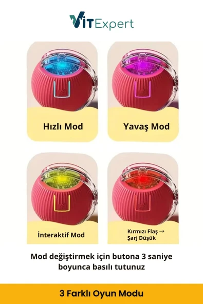 Vitexpert Yeni Nesil Şarjlı 3 Modlu LED Işıklı Akıllı İnteraktif Otomatik Yuvarlanan Hareketli Kedi Oyuncağı - 2