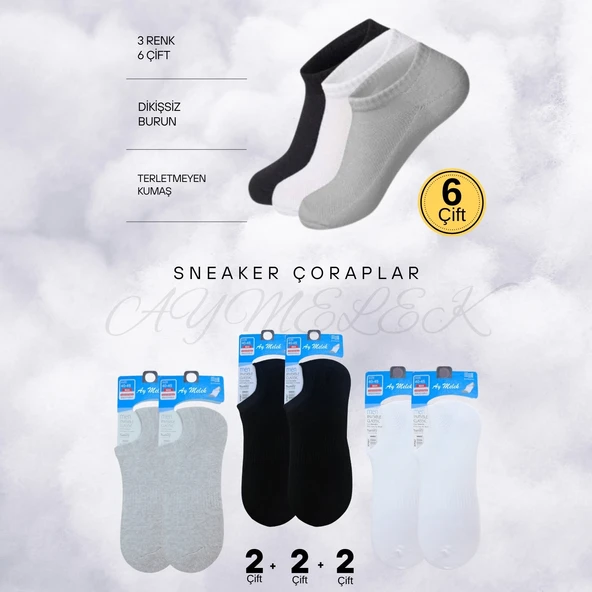 AYMELEK Erkek Kısa Çorap 6 Çift Pamuklu Penye Likralı Sneakers Görünmez Çorap - 1
