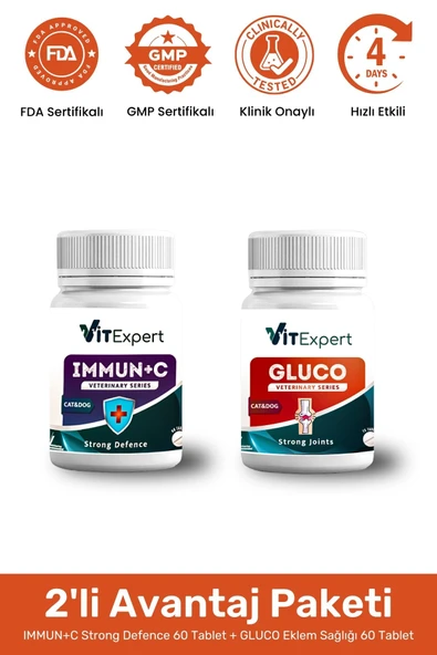 Vitexpert 2'li Set Bağışıklık ve Eklem Destekleyici Tablet Tüm Kediler İçin C Vitamini + Glukozamin Özel Paket