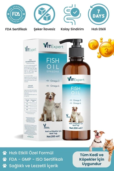 Vitexpert Kedi Ve Köpekler Için Premium Fish Oil 200 ml Omega 3 6 Içerikli Bağışıklık Destekleyici Balık Yağı