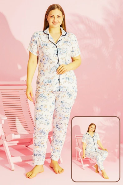 AYMELEK Kadın Pijama Takımı Pamuklu Geniş Beden Gömlek ve Pijama Seti (Battal Boy) - 7