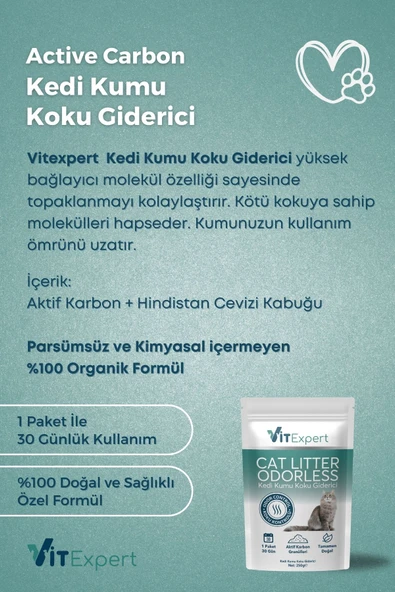 Vitexpert Active Carbon Premium Kedi Kumu Koku Giderici Doğal Aktif Karbonlu Granül 30 Günlük Paket 250 gr - 3