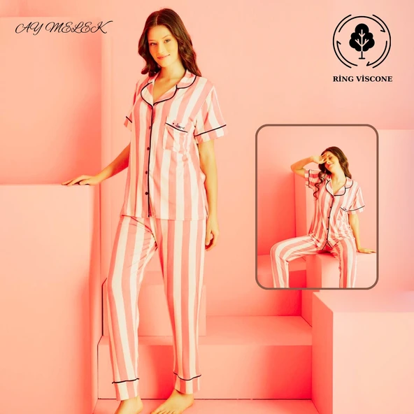 AYMELEK Kadın Pijama Takımı Ring Viscone Bambu Doku Gömlek ve Pijama Seti