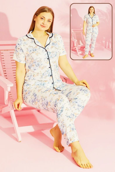 AYMELEK Kadın Pijama Takımı Pamuklu Geniş Beden Gömlek ve Pijama Seti (Battal Boy) - 4