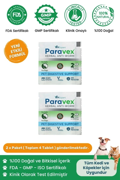 Vitexpert Bitkisel & Lezzetli Kedi Ve Köpek Parazit Tableti Paravex Herbal Anti-worm 4 Adet Tablet