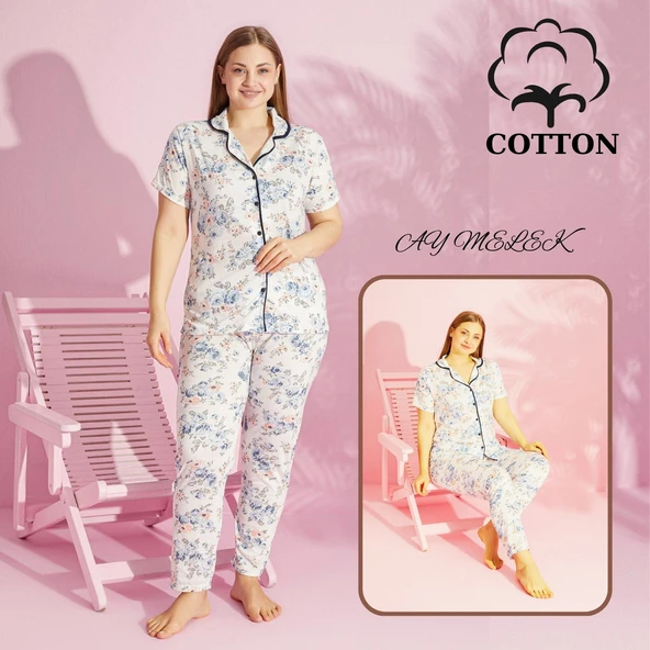 AYMELEK Kadın Pijama Takımı Pamuklu Geniş Beden Gömlek ve Pijama Seti (Battal Boy) - 1