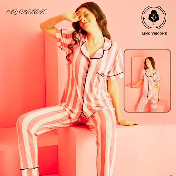 AYMELEK Kadın Pijama Takımı Ring Viscone Bambu Doku Gömlek ve Pijama Seti - 2
