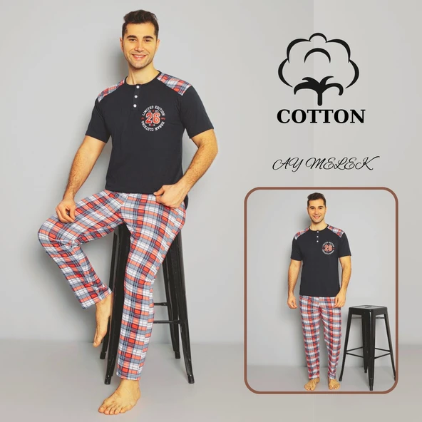 AYMELEK Erkek Pamuklu Pijama Takımı Cotton Gömlek ve Pijama Seti - 1