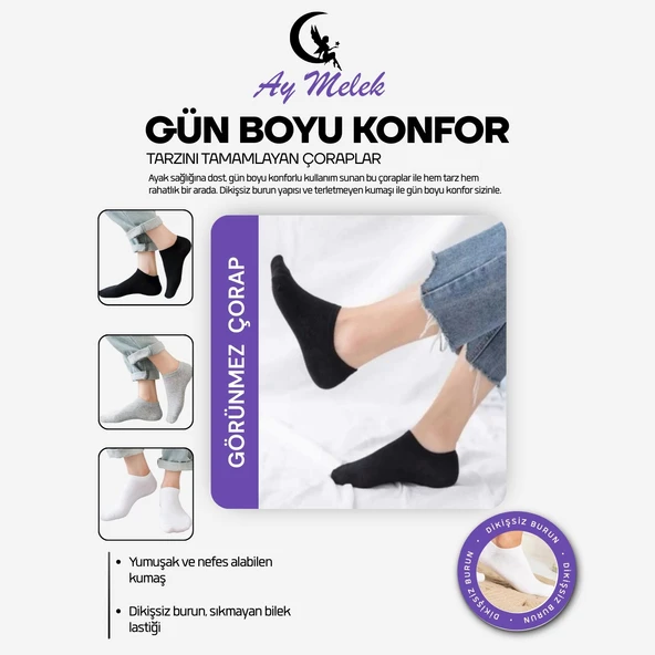 AYMELEK Erkek Kısa Çorap 6 Çift Pamuklu Penye Likralı Sneakers Görünmez Çorap - 8