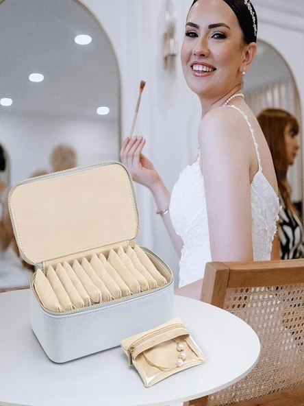 KM-12 Gök Mavisi Renk Takı ve Altın Mücevher Kutusu Taşınabilir  Fermuarlı Kapalı Takı Saklama Kutusu + 12 Adet Kese - Resim 3