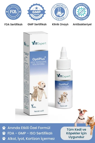 Vitexpert OptiPlus Kedi & Köpek Antibakteriyel Göz Temizleme Solüsyonu Alerji Kızarıklık Enfeksiyon Göz Bakımı