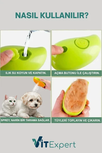 Vitexpert Yeni Nesil Şarjlı Buharlı Kedi & Köpek Tarağı Ultra Yumuşak Silikon Tüy Toplayıcı Yıkama Fırçası - 3