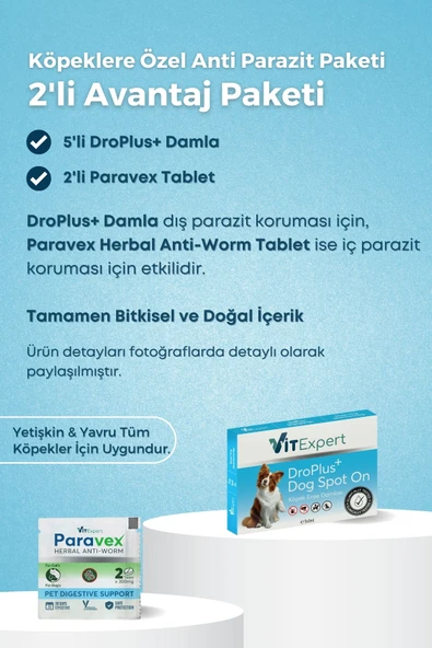 Vitexpert 2'li Set Köpek İç Dış Anti Parazit Tüm Köpekler İçin Bitkisel 5 Damla ve 2 Tablet Paketi - 2