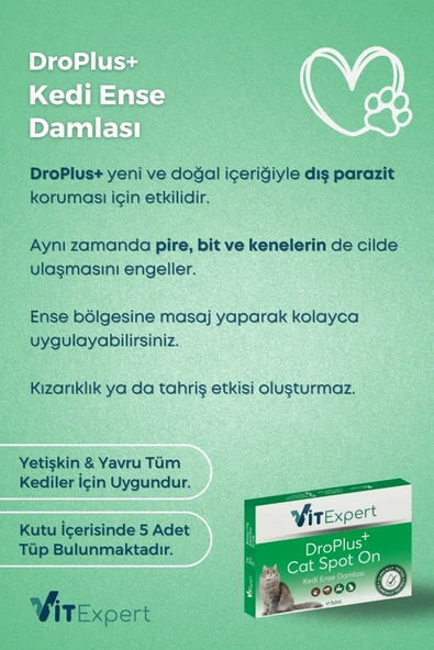 Vitexpert Droplus Kedi Damlası Pire Dış Parazit Bit Kene Deri Bakımı Için Bitkisel Damla ( 1-7 Kg ) 5 Tüp - 2