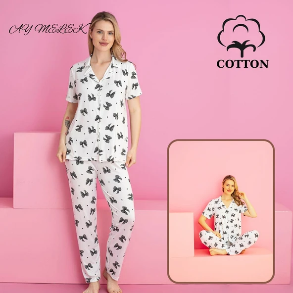 AYMELEK Kadın Pijama Takımı %100 Pamuklu Gömlek ve Pijama Seti
