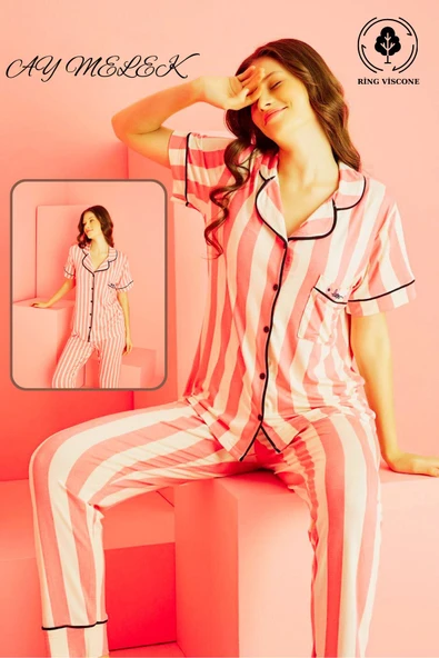 AYMELEK Kadın Pijama Takımı Ring Viscone Bambu Doku Gömlek ve Pijama Seti - 7