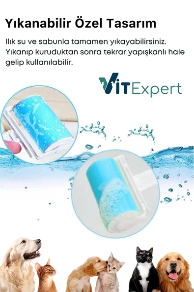 Vitexpert Yeni Nesil Yıkanabilir Tüy Kıl Toz Toplayıcı Rulo Yapışkanlı Kedi ve Köpek Tüyü Toplama Rulosu - 2