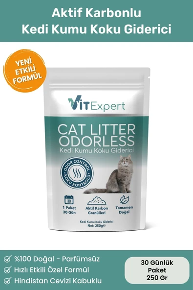 Vitexpert Active Carbon Premium Kedi Kumu Koku Giderici Doğal Aktif Karbonlu Granül 30 Günlük Paket 250 gr