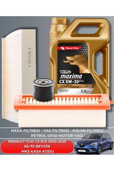 Petrol Ofisi RENAULT CLIO 1.0 SCE 2020-2021-2022-2023 65-75 BEYGİR FİLTRE - YAĞ BAKIM SETİ ürün görseli