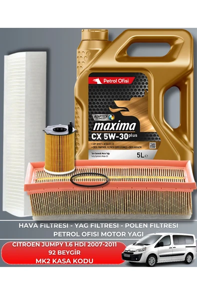 Petrol Ofisi CITROEN JUMPY 1.6 HDI EURO 4 2007-2008-2009-2010-2011 92 BEYGİR FİLTRE - YAG BAKIM SETİ ürün görseli