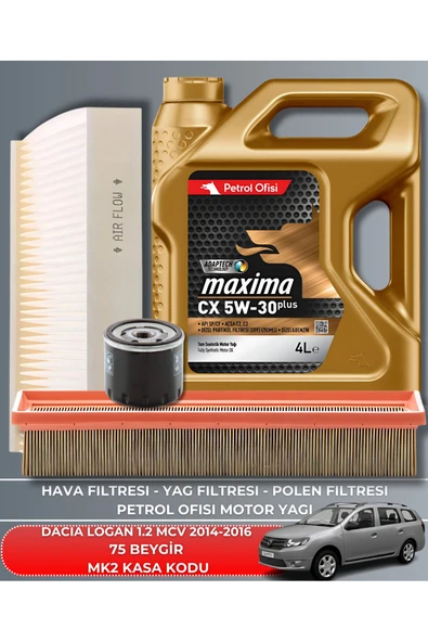 Petrol Ofisi DACIA LOGAN 1.2 MCV 2014-2015-2016 75 BEYGİR FİLTRE - YAĞ BAKIM SETİ ürün görseli