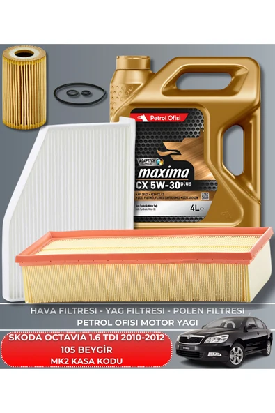 Petrol Ofisi SKODA OCTAVIA 1.6 TDI 2010-2011-2012 105 BEYGİR FİLTRE - YAĞ BAKIM SETİ ürün görseli