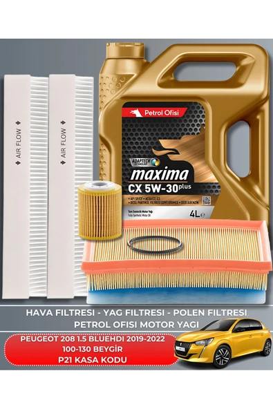 Petrol Ofisi PEUGEOT 208 1.5 BLUEHDI 2019-2020-2021-2022 100-130 BEYGİR FİLTRE - YAG BAKIM SETİ ürün görseli