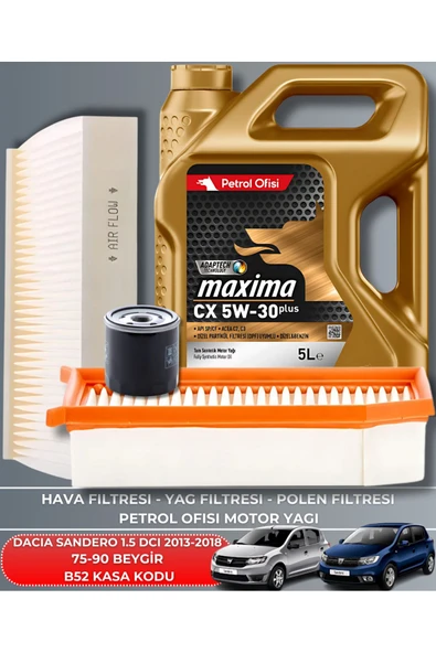 Petrol Ofisi DACIA SANDERO 1.5 DCI 2013-2014-2015-2016-2017-2018 75-90 BEYGİR FİLTRE - YAĞ BAKIM SETİ ürün görseli