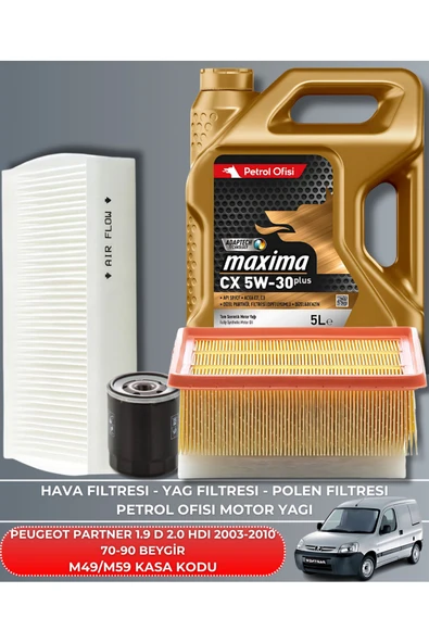Petrol Ofisi PEUGEOT PARTNER 1.9 D - 2.0 HDI 2003-2004-2005-2006-2007-2008-2009-2010 70-90 FİLTRE YAG BAKIM SETİ ürün görseli