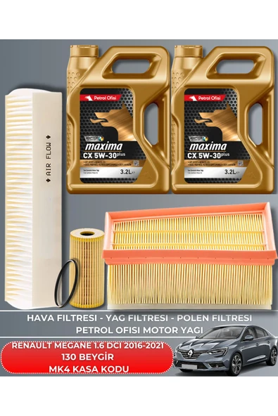 Petrol Ofisi RENAULT MEGANE 1.6 DCI 2016-2021 130 BEYGİR FİLTRE - DELPHİ MOTOR YAĞ GÖNDERILECEKTIR 2025 ÜRETİM YAĞ BAKIM SETİ ürün görseli