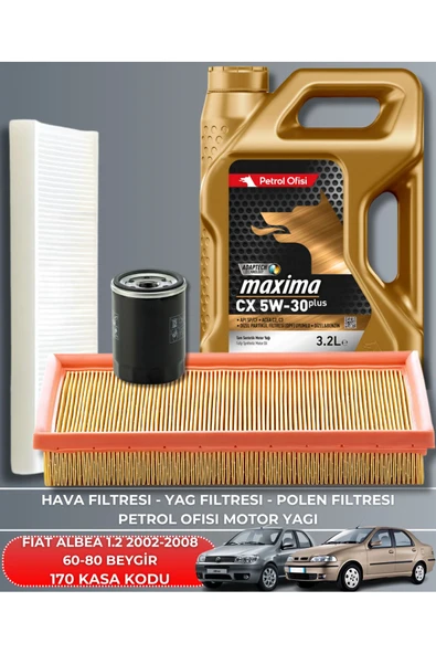 Petrol Ofisi FIAT ALBEA 1.2 2002-2003-2004-2005-2006-2007 60-80 BEYGİR FİLTRE - YAG BAKIM SETİ ürün görseli