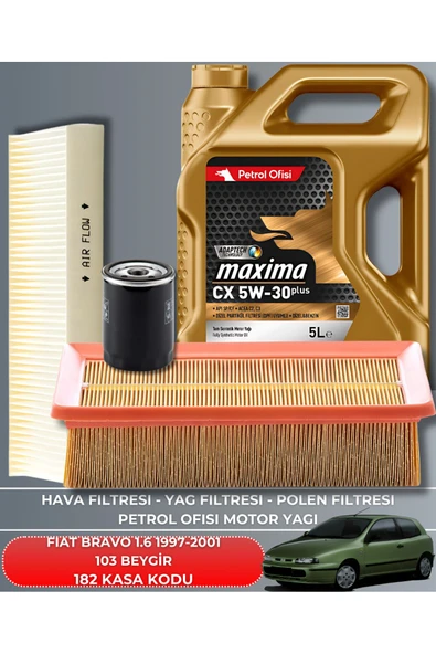 Petrol Ofisi FIAT BRAVO 1.6 1997-1998-1999-2001 103 BEYGİR FİLTRE - YAG BAKIM SETİ ürün görseli