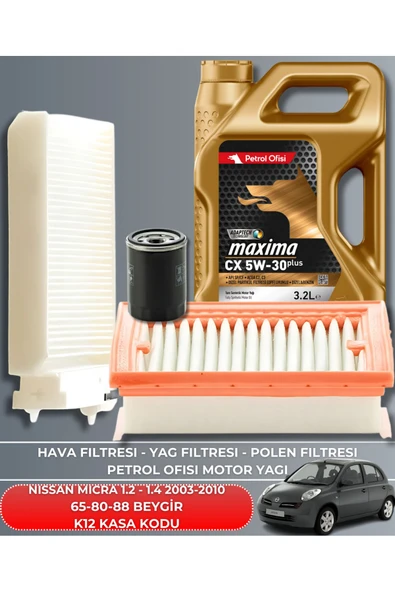 Petrol Ofisi NISSAN MICRA 1.2 - 1.4 2003-2004-2005-2006-2007-2008-2009-2010 65-80-88 BEYGİR FİLTRE YAĞ BAKIM SET ürün görseli