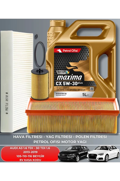 Petrol Ofisi AUDI A3 1.6 TDI 30 TDI 2013-2014-2015-2016-2017-2018-2019 105-110-116 FİLTRE YAĞ BAKIM SETİ ürün görseli