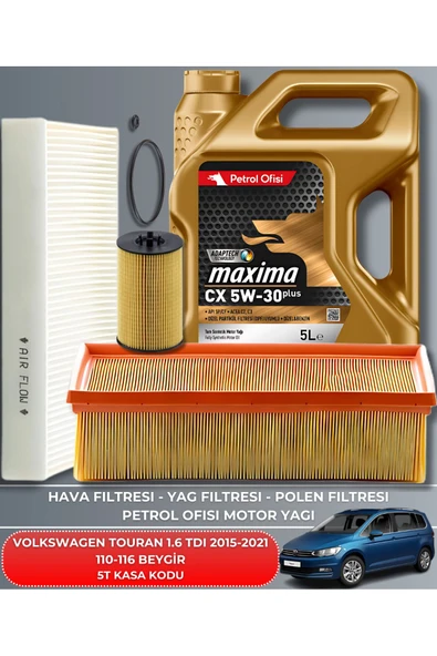 Petrol Ofisi VOLKSWAGEN TOURAN 1.6 TDI 2015-2021 116 BEYGİR FİLTRE - DELPHİ MOTOR YAĞ GÖNDERILECEKTIR 2025 ÜRETİM YAĞ BAKIM SETİ ürün görseli