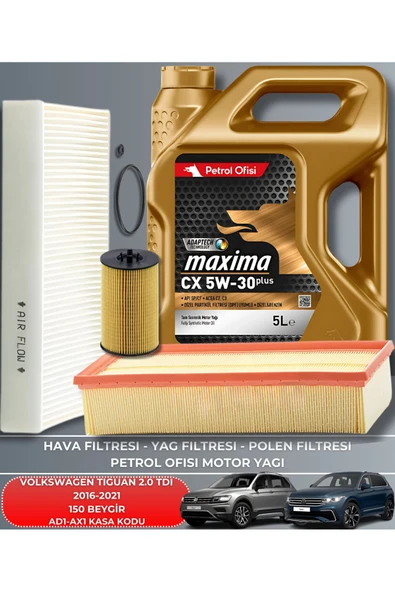VOLKSWAGEN TIGUAN 2.0 TDI 2016-2021 150 BEYGİR FİLTRE - DELPHİ MOTOR YAĞ GÖNDERILECEKTIR 2025 ÜRETİM YAĞ BAKIM SETİ ürün görseli
