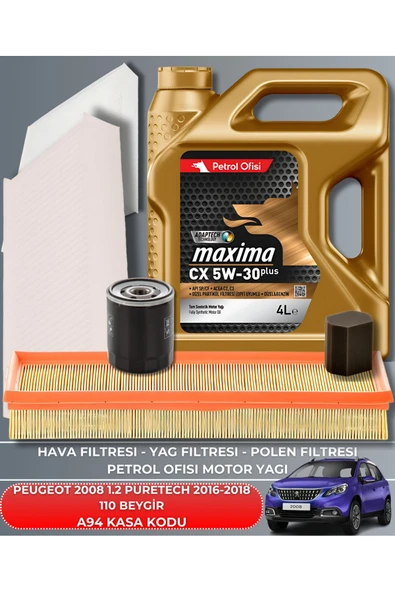 Petrol Ofisi Peugeot 2008 1.2 Puretech 2016-2017-2018 110 Beygir Filtre - Yag Bakım Seti ürün görseli