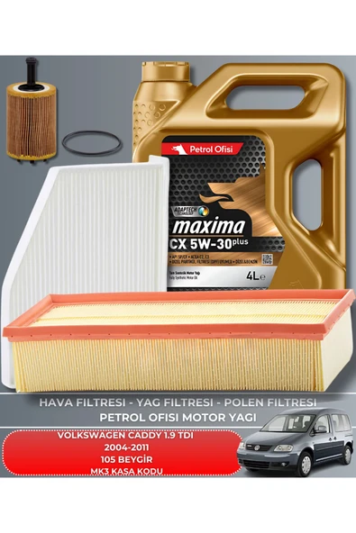 Petrol Ofisi VOLKSWAGEN CADDY 1.9 TDI 2004-2011 105 BEYGİR FİLTRE - DELPHİ MOTOR YAĞ GÖNDERILECEKTIR 2025 ÜRETİM BAKIM SETİ ürün görseli