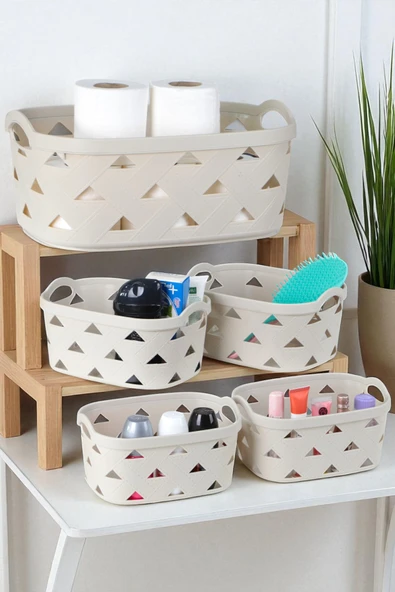 İronika 5li Dekoratif Deri Görünüm Dolap İçi Düzenleyici Saklama Kutusu Mutfak Banyo Organizer Sepet Krem