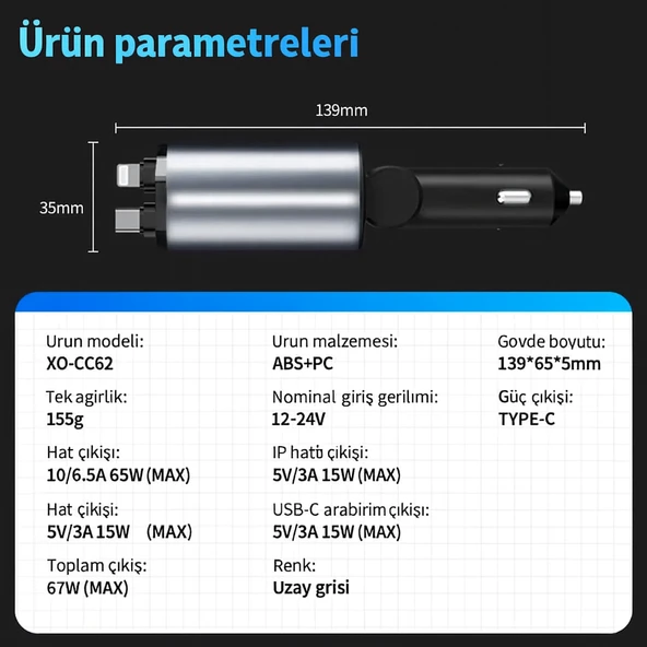 104W XO-CC62 4’ü 1 Arada Araç Şarj Cihazı  Hızlı ve Güvenli Şarj - 2