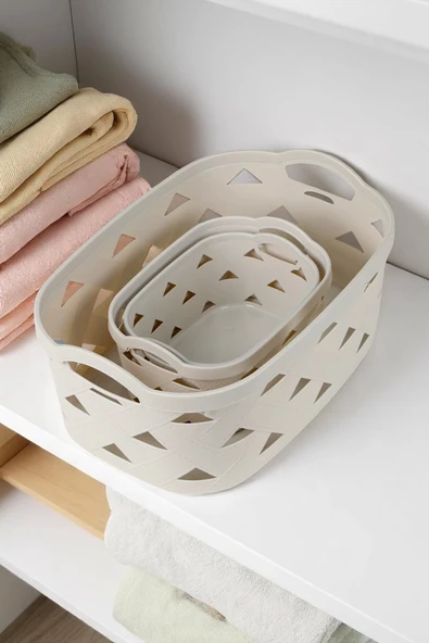 İronika 5li Dekoratif Deri Görünüm Dolap İçi Düzenleyici Saklama Kutusu Mutfak Banyo Organizer Sepet Krem - 2