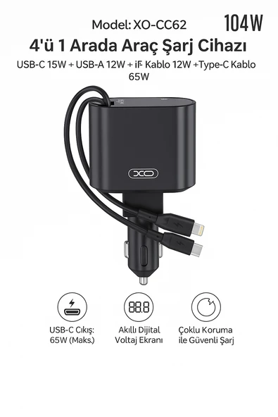 104W XO-CC62 4’ü 1 Arada Araç Şarj Cihazı  Hızlı ve Güvenli Şarj