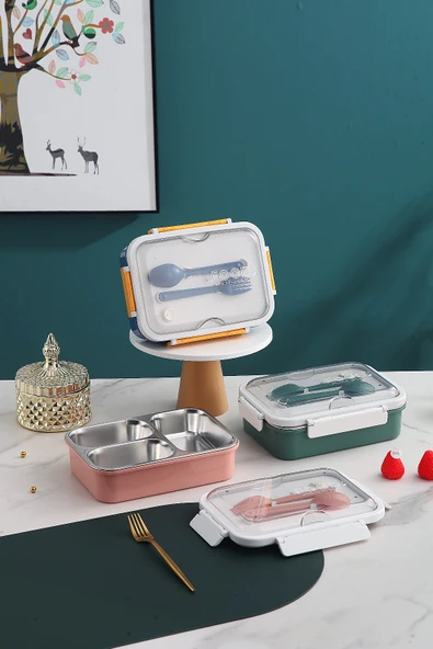 Yeşil Renk 3 Bölmeli Paslanmaz Çelik Beslenme Kabı Yemek Kabı - 5