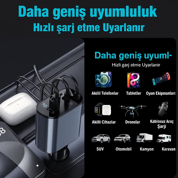 104W XO-CC62 4’ü 1 Arada Araç Şarj Cihazı  Hızlı ve Güvenli Şarj - 5