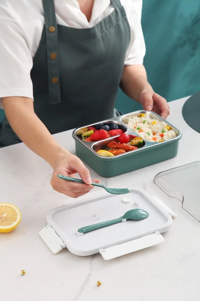 Yeşil Renk 3 Bölmeli Paslanmaz Çelik Beslenme Kabı Yemek Kabı - 3