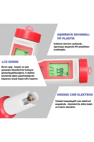 Ph Metre Tds Metre Sıcaklık Ec Ölçer 4ü 1 Arada Ölçüm Cihaz - Resim 4