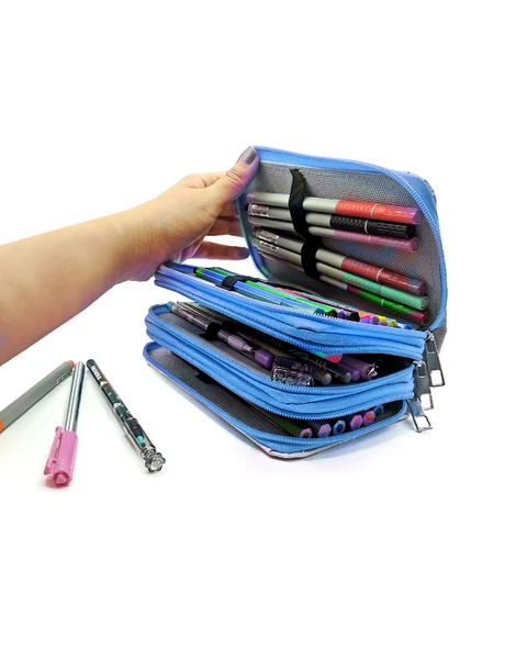 Kalem Kutusu Araba Cars Kawai Organizer Kalemkutu Vegan Deri Üç Bölmeli Kalemlik - Mavi - Resim 3