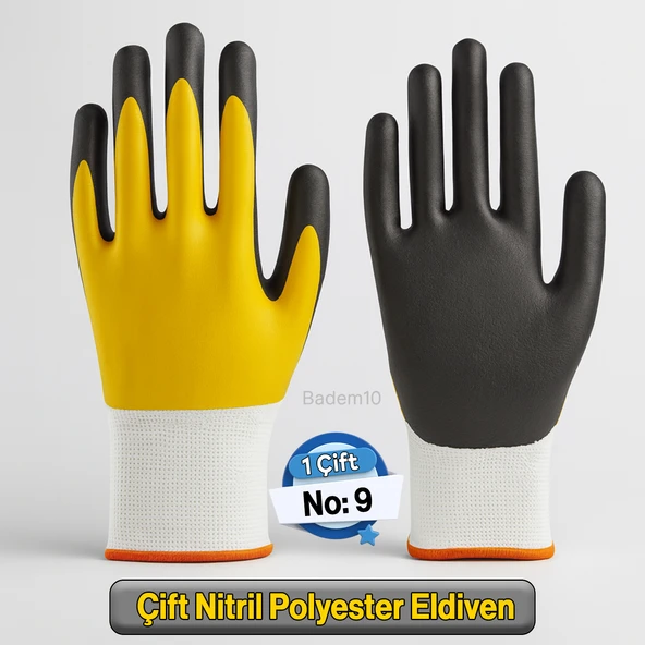 Çift Nitril Polyester Double Nitril İş Güvenlik İnşaat Eldiveni (Sarı-Siyah) No:9 L Beden - Resim 2